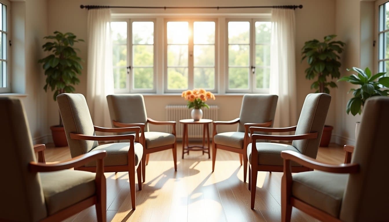 Comfortable recovery living room with neutral colors and circular seating