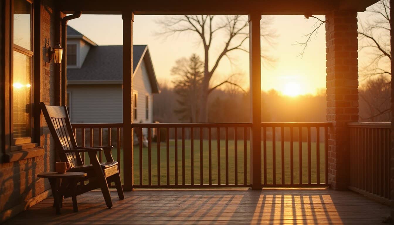 Quiet porch at a residential recovery home at sunrise with an empty chair and mug